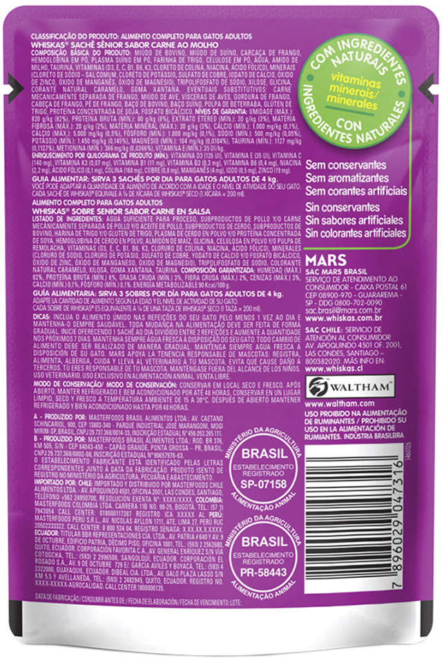 Kit Ração Úmida Whiskas Sachê Carne ao Molho para Gatos Adultos Sênior 7 + Anos - 40 Unidades