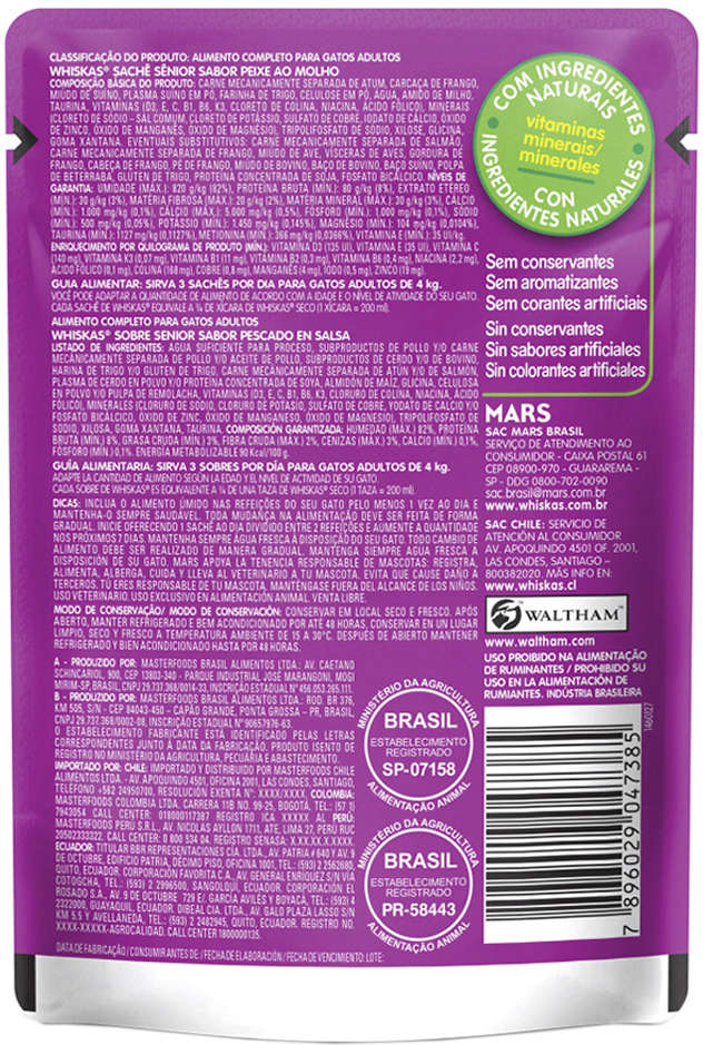 Kit Ração Úmida Whiskas Sachê Peixe ao Molho para Gatos Sênior 7 + Anos - 40 Unidades