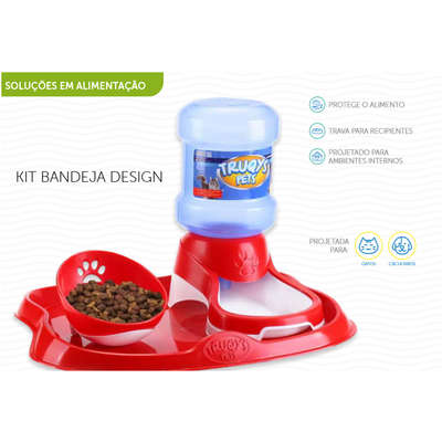 Kit Truqys Pets Bandeja Design + Bebedouro Automático + Comedouro Inclinado Rosa