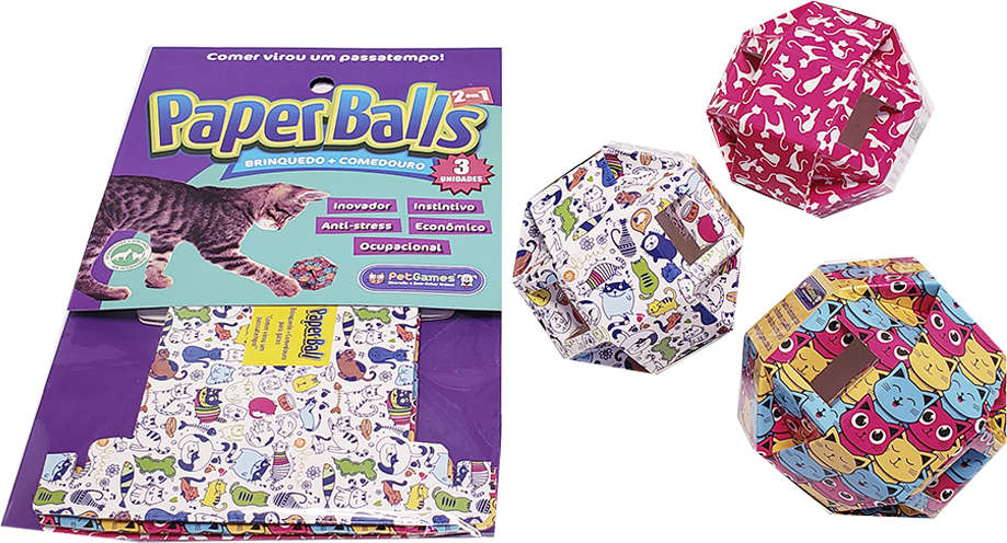 Brinquedo Paper Balls com Dispenser de Ração para Gatos - 3 Unidades