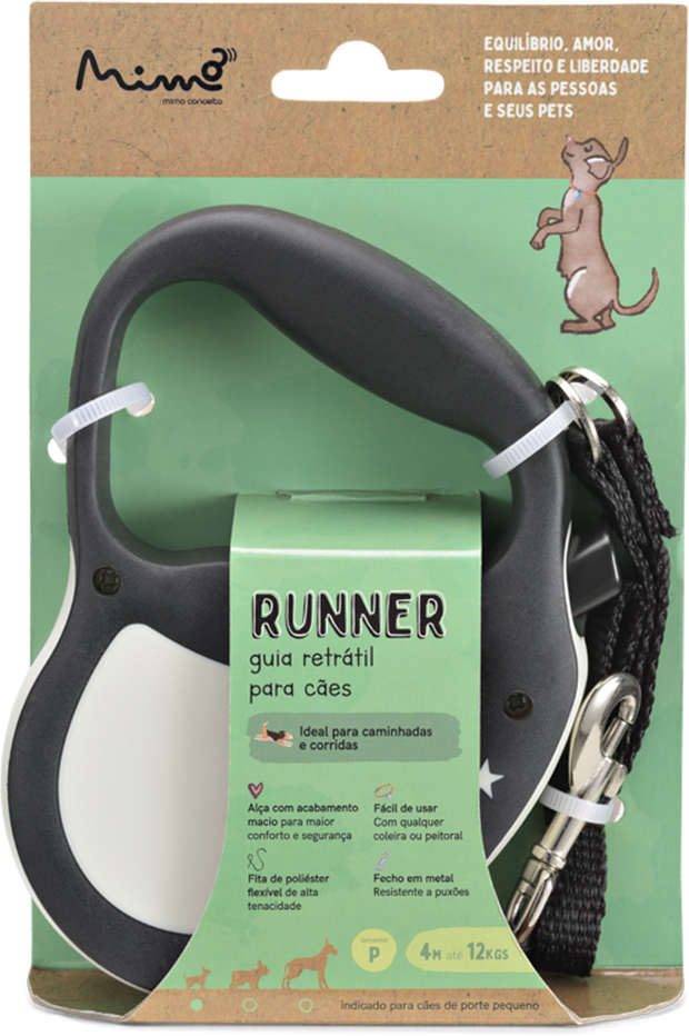 Guia Retrátil Runner Emborrachada Preta para Cães - Tam. P
