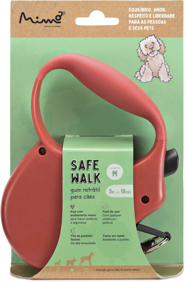 Guia Retrátil Safe Walk Emborrachada Vermelha para Cães - Tam. M