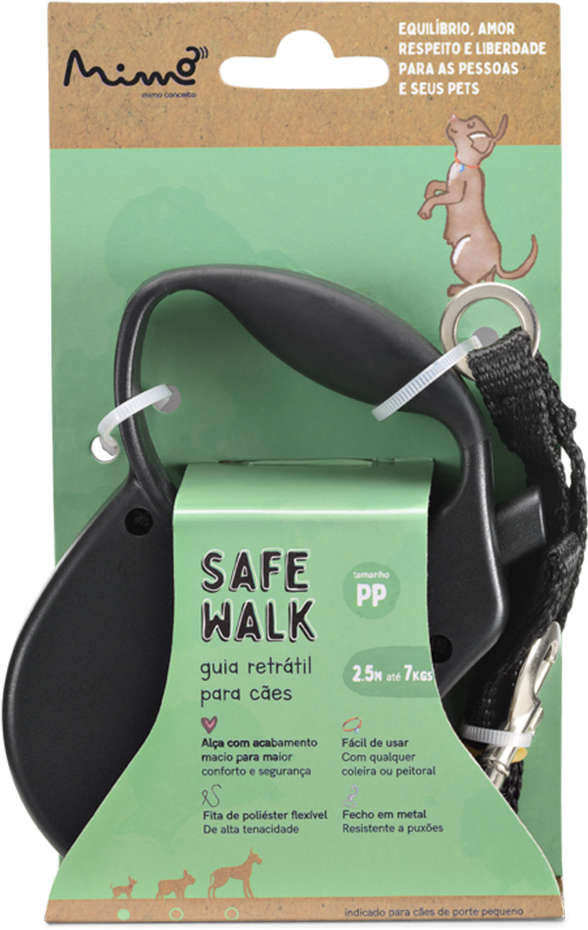 Guia Retrátil Safe Walk Emborrachada Preta para Cães - Tam. PP