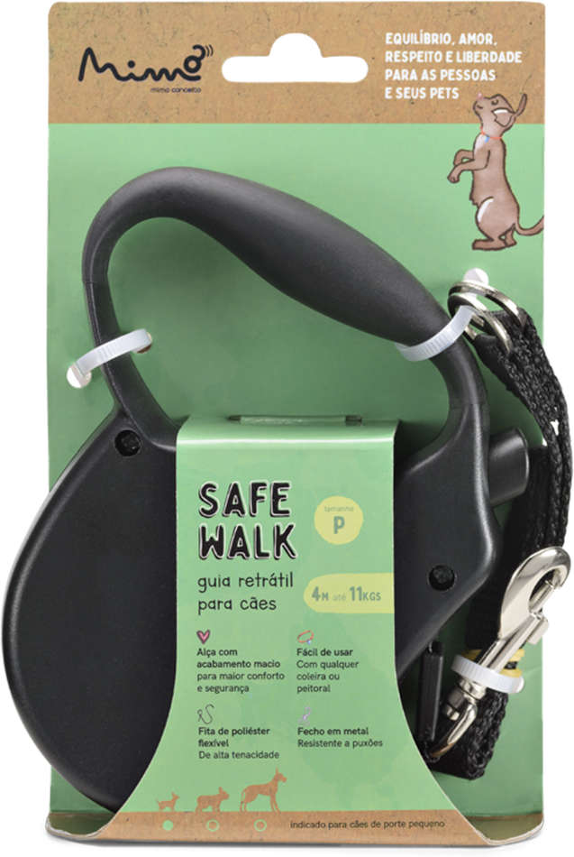 Guia Retrátil Safe Walk Emborrachada Preta para Cães - Tam. P