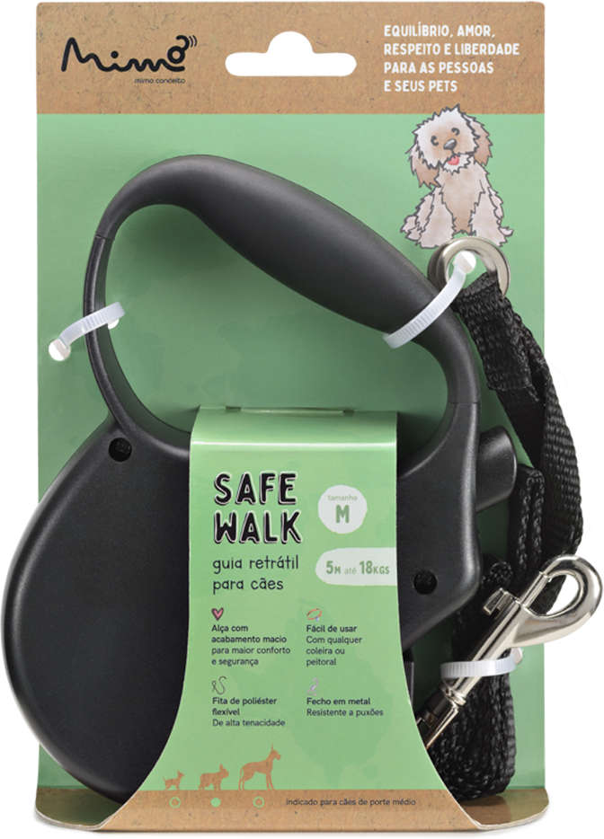 Guia Retrátil Safe Walk Emborrachada Preta para Cães - Tam. M