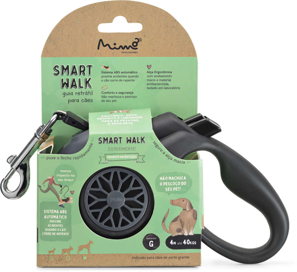 Guia Retrátil Smart Walk Sistema ABS Emborrachada Preta/Cinza para Cães - Tam. G