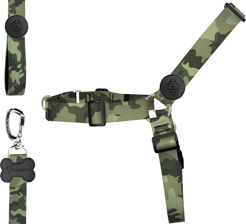Conjunto Peitoral Antipuxão e Guia Camuflada para Cães - Tam. G