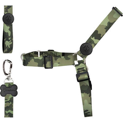 Conjunto Peitoral Antipuxão e Guia Camuflado para Cães