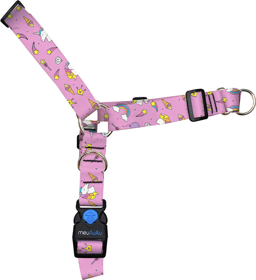 Conjunto Peitoral Antipuxão e Guia Unicórnio Rosa para Cães - Tam. G