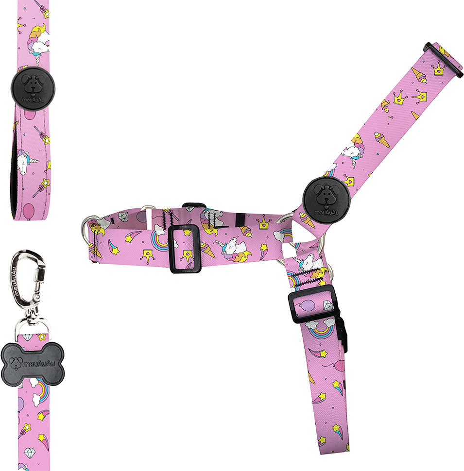 Conjunto Peitoral Antipuxão e Guia Unicórnio Rosa para Cães - Tam. G