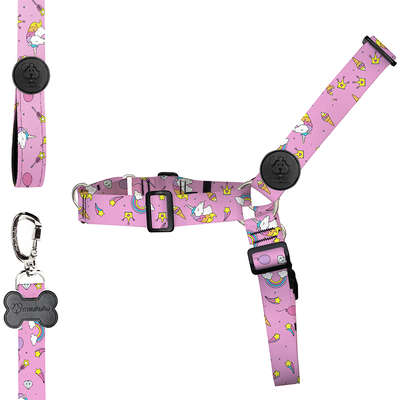 Conjunto Peitoral Antipuxão e Guia Unicórnio Rosa para Cães