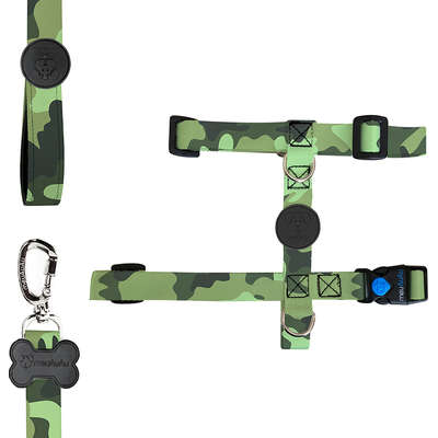 Conjunto Peitoral Antipuxão e Guia Camuflada para Cães