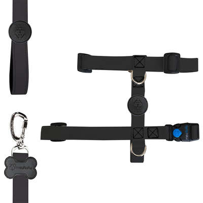 Conjunto Peitoral Antipuxão e Guia Preto para Cães