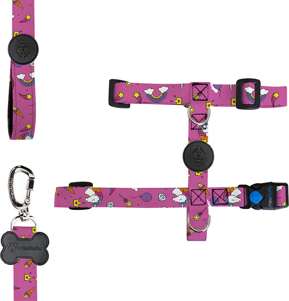 Peitoral H e Guia Unicórnio Rosa para Cães - Tam. P