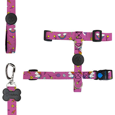 Conjunto Peitoral Antipuxão e Unicórnio Rosa para Cães
