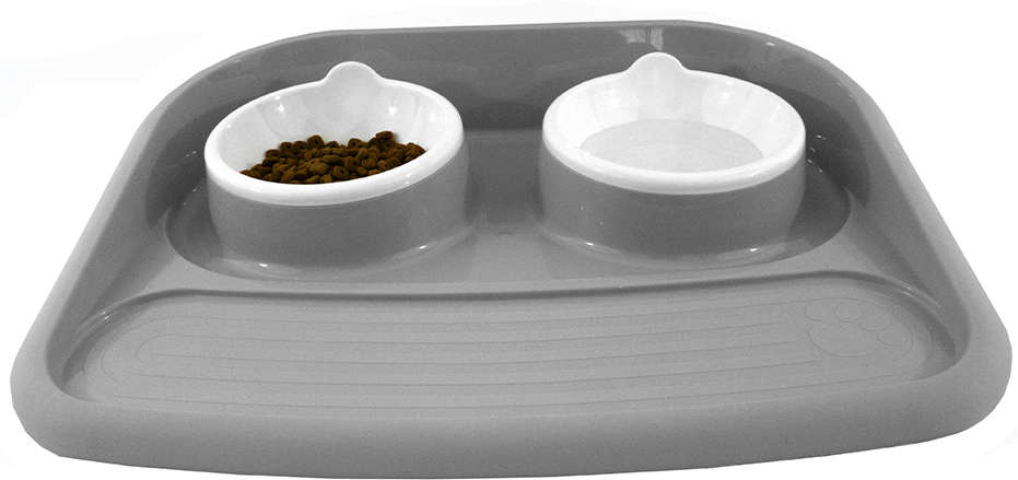 Comedouro e Bebedouro com Bandeja Cinza - Tam. Único