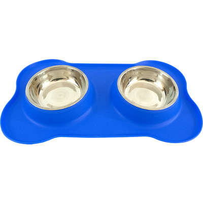 Tigela Dupla de Inox com Base de Silicone Azul