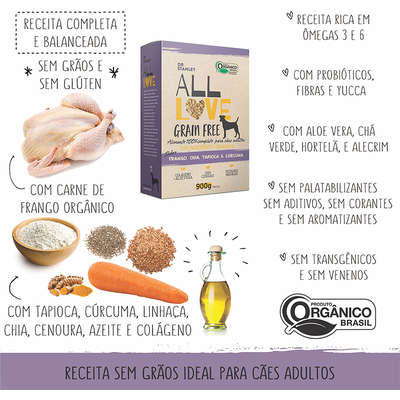Ração Orgânica All Love Grain Free Sabor Frango, Chia, Tapioca & Cúrcuma para Cães Adultos