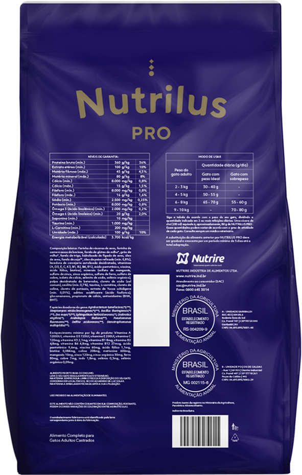 Ração Nutrilus Pro+ Carne para Gatos Adultos Castrados - 10,1Kg