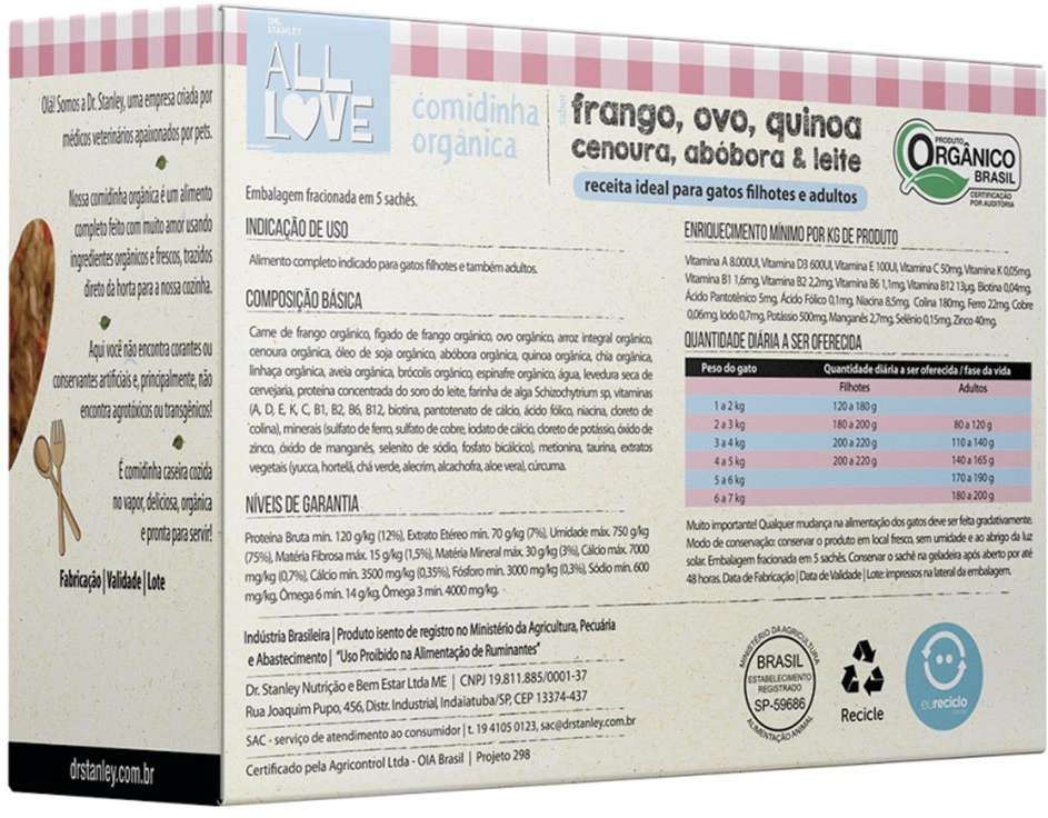 Comidinha Orgânica All Love Frango, Ovo, Quinoa, Cenoura, Abóbora & Leite para Gatos - 900 g