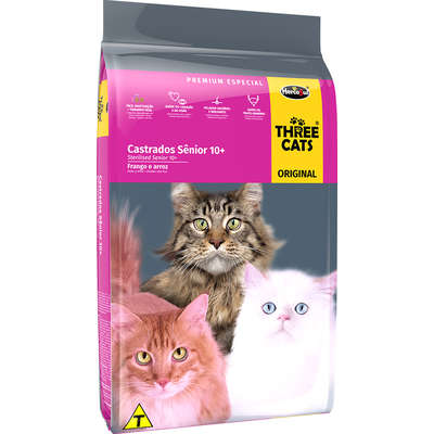 Ração Seca Three Cats Frango e Arroz para Gatos Sênior Castrados 10+