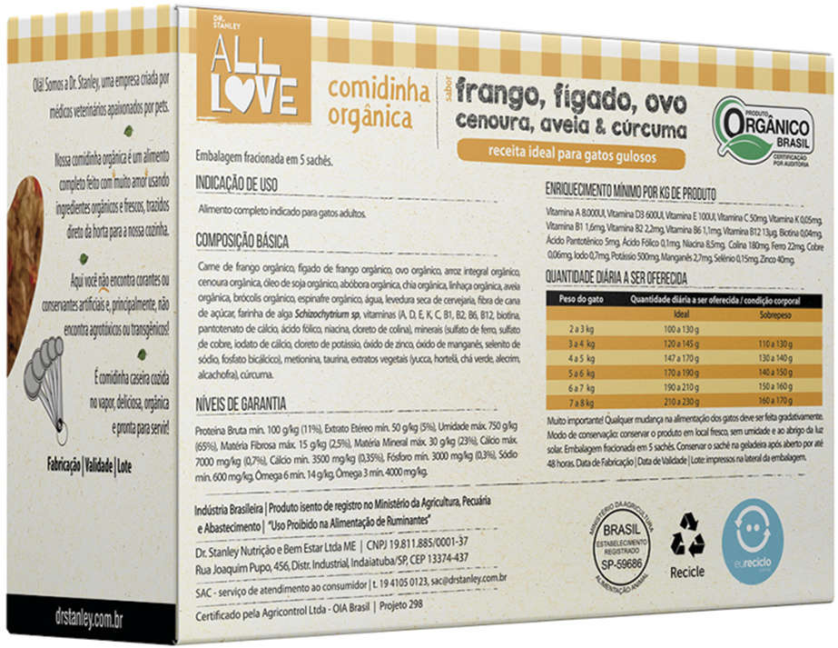 Comidinha Orgânica All Love Frango, Ovo, Brocólis, Aveia & Cúrcuma para Gatos - 900 g