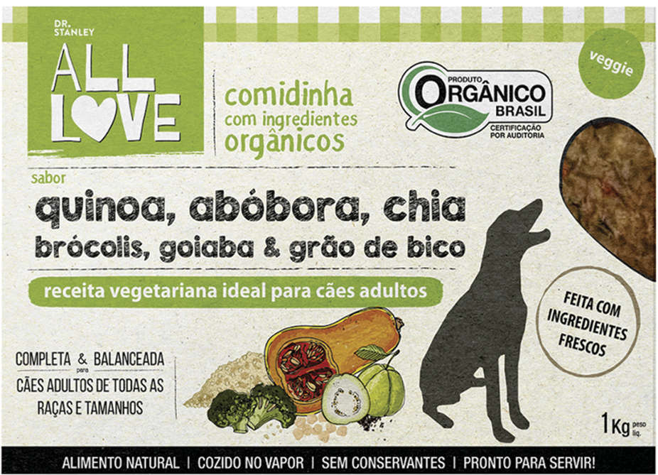 Comidinha Orgânica All Love Veggie Ovo, Quinoa, Abóbora, Chia, Brócolis, Goiaba & Grão de Bico para Cães Adultos - 1Kg