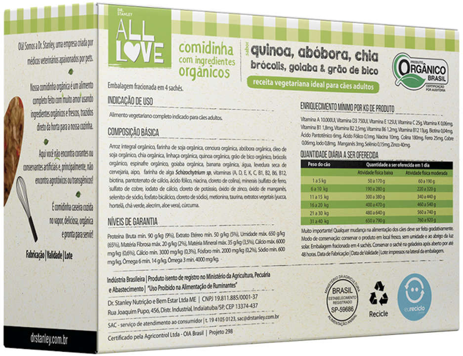Comidinha Orgânica All Love Veggie Ovo, Quinoa, Abóbora, Chia, Brócolis, Goiaba & Grão de Bico para Cães Adultos - 1Kg