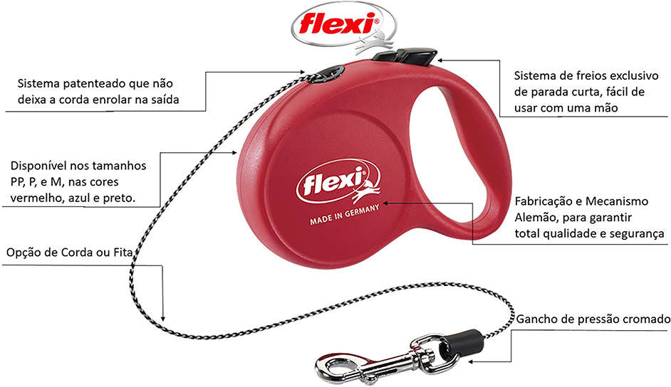 Guia Retrátil Corda FUN Vermelho - Tam. M