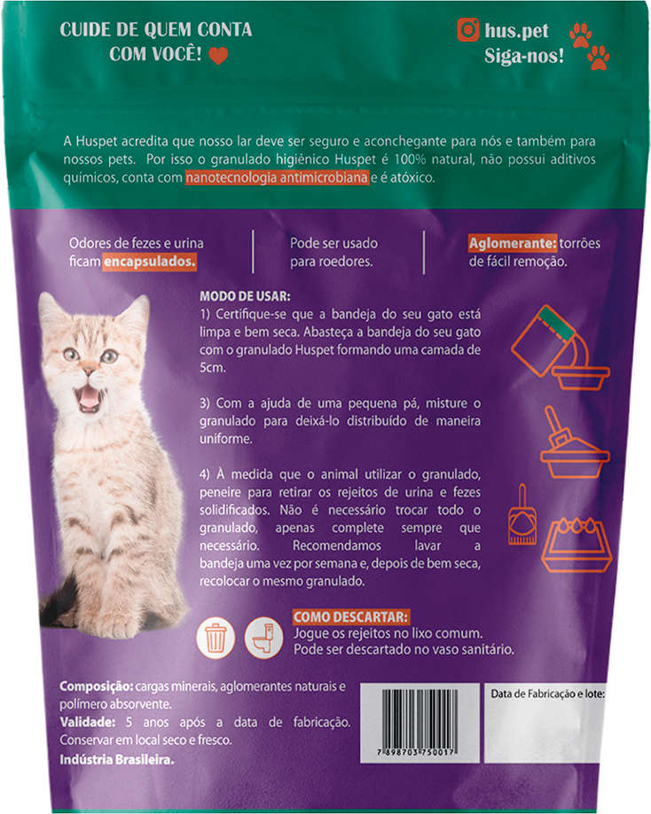 Granulado Higiênico Mineral Huspet para Gatos - 3,6Kg