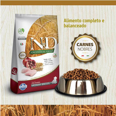 Ração Farmina N&D Ancestral Grain Frango Cães Filhotes Raças Médias