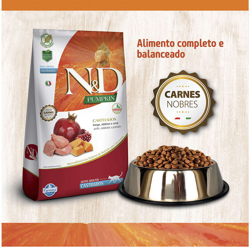 Ração Farmina N&D Pumpkin Frango, Abóbora e Romã para Gatos Adultos Castrados - 1,5Kg