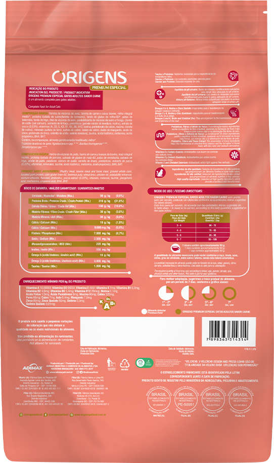 Ração Seca Origens Carne Gatos Adultos - 10,1Kg