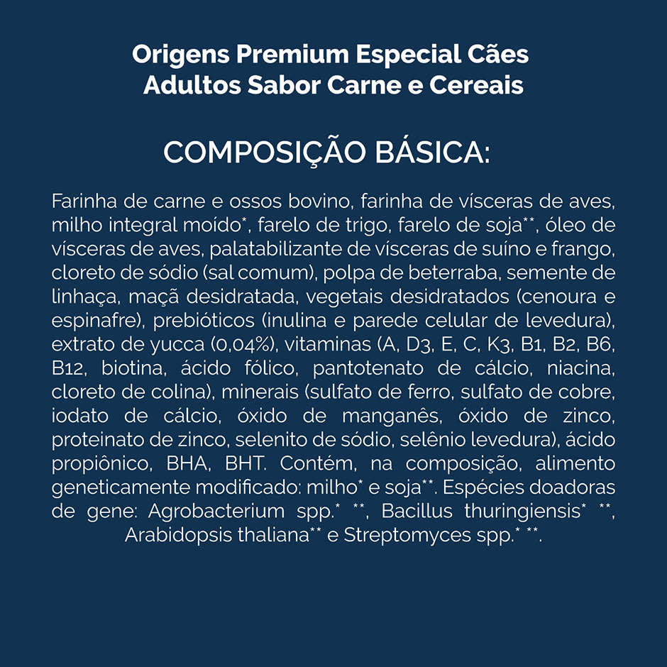Ração Seca Origens Carne e Cereais Cães Adultos - 20Kg
