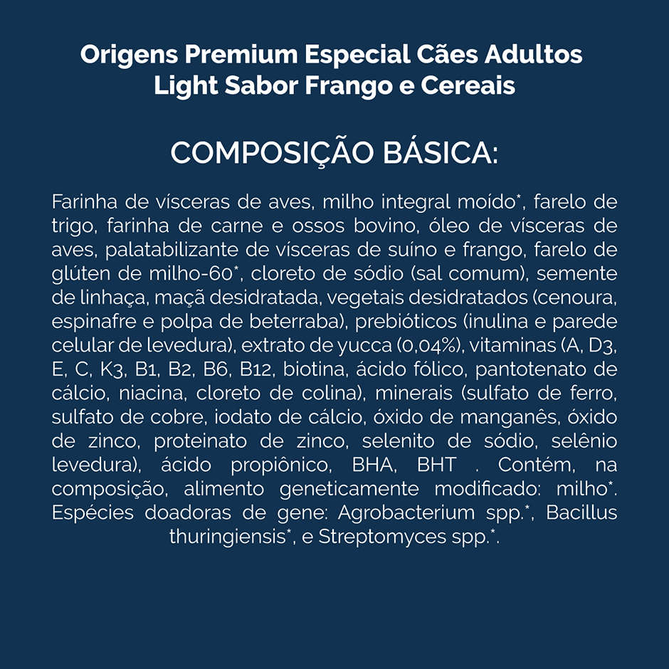 Ração Seca Origens Premium Especial Light Frango e Cereais Cães Adultos - 3Kg