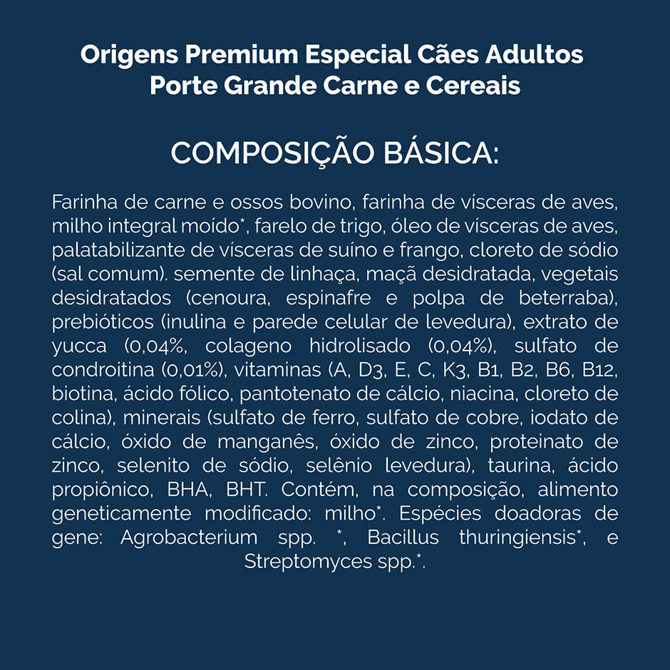Ração Seca Origens Carne e Cereais para Cães Adultos Raças Grandes - 20Kg