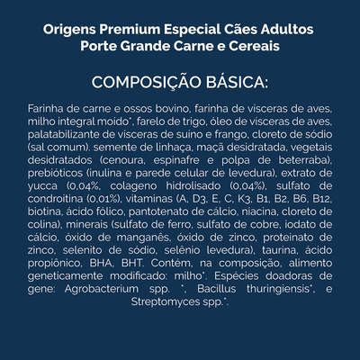 Ração Seca Origens Premium Especial Carne e Cereais para Cães Adultos Raças Grandes