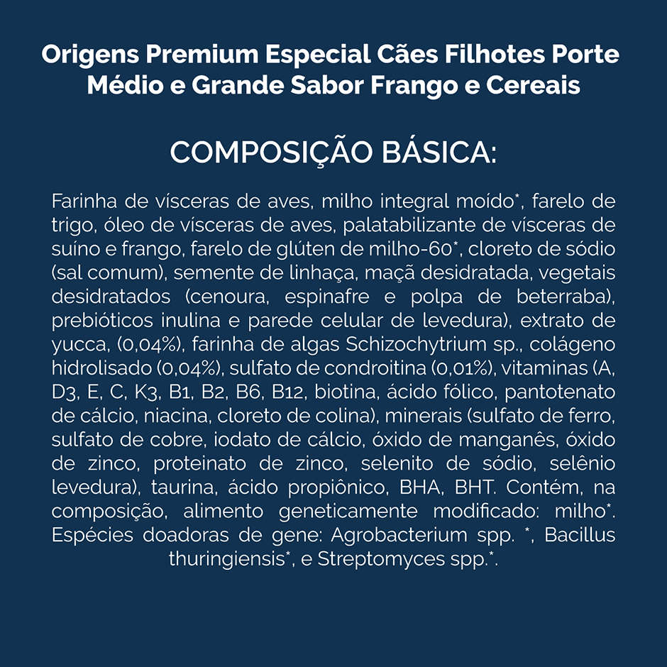 Ração Seca Origens Frango e Cereais para Cães Filhotes Raças Médias e Grandes - 15Kg