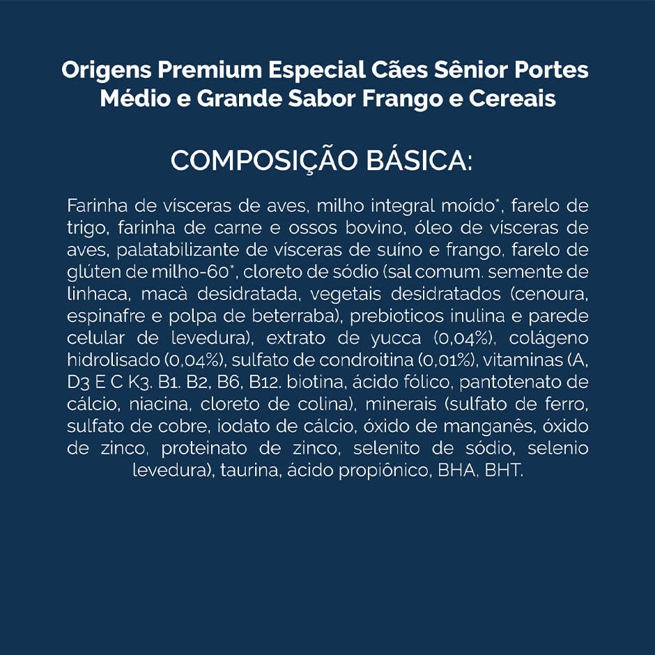 Ração Seca Origens Frango e Cereais Integrais para Cão Sênior - 15Kg