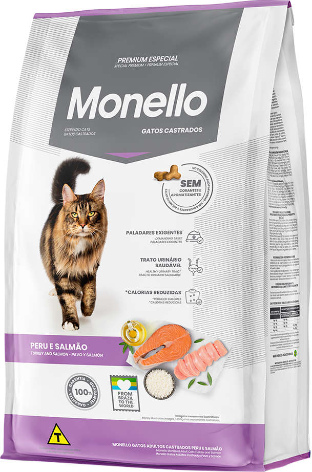 Ração Seca Monello Peru e Salmão para Gatos Adultos Castrados - 10,1Kg