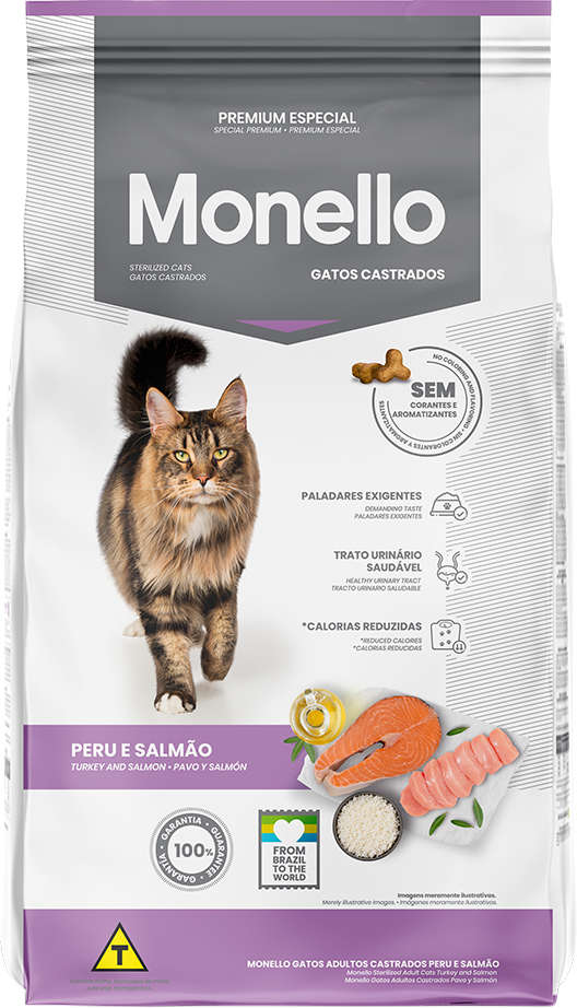 Ração Seca Monello Peru e Salmão para Gatos Adultos Castrados - 10,1Kg