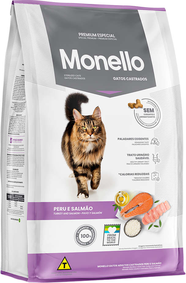 Ração Seca Monello Peru e Salmão para Gatos Adultos Castrados - 10,1Kg