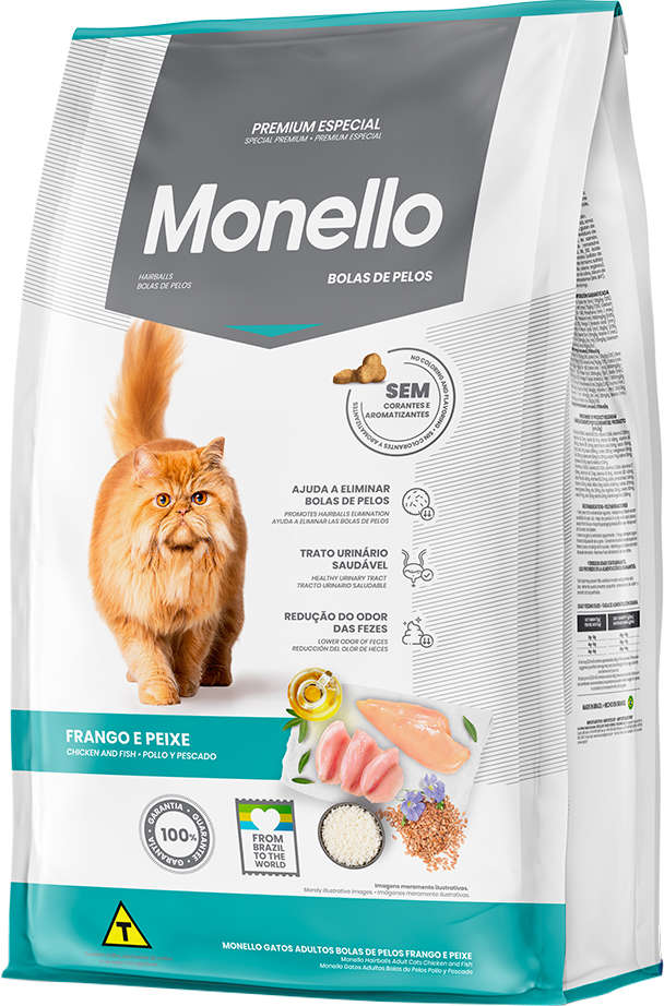 Ração Seca Monello Frango e Peixe Bolas de Pelos para Gatos Adultos - 1Kg