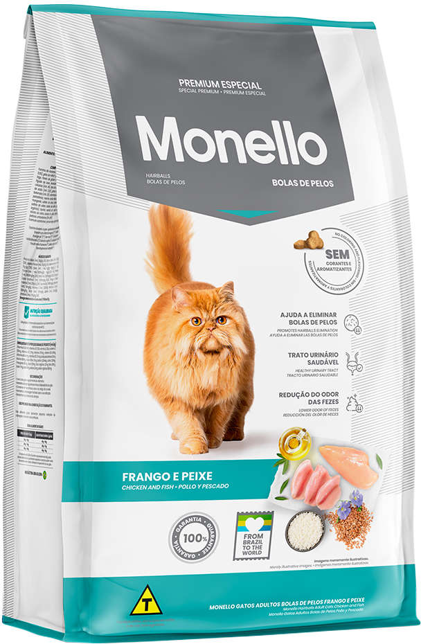Ração Seca Monello Frango e Peixe Bolas de Pelos para Gatos Adultos - 1Kg