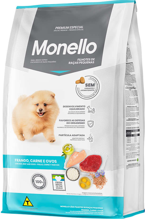 Ração Seca Monello Frango, Carne e Ovos para Cães Filhotes Raças Pequenas - 15Kg