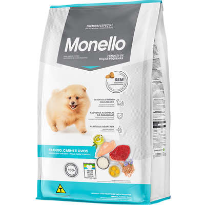 Ração Seca Monello Frango, Carne e Ovos para Cães Filhotes Raças Pequenas