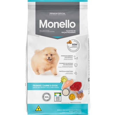 Ração Seca Monello Frango, Carne e Ovos para Cães Filhotes Raças Pequenas