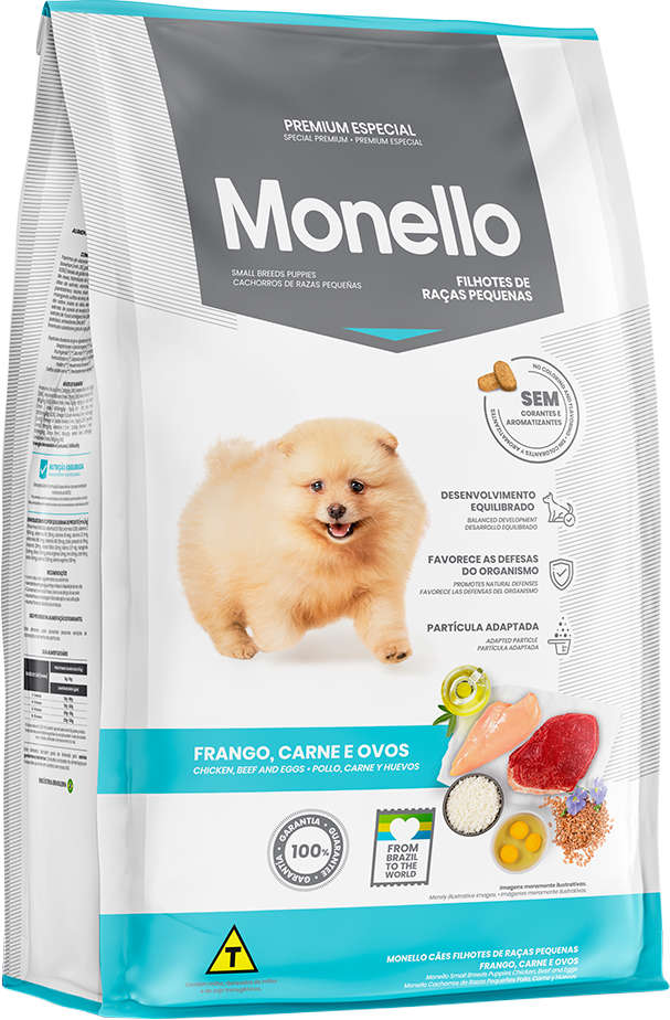 Ração Seca Monello Frango, Carne e Ovos para Cães Filhotes Raças Pequenas - 15Kg