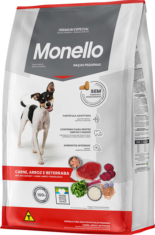 Ração Seca Monello Carne, Arroz e Beterraba para Cães Adultos Raças Pequenas - 10,1Kg