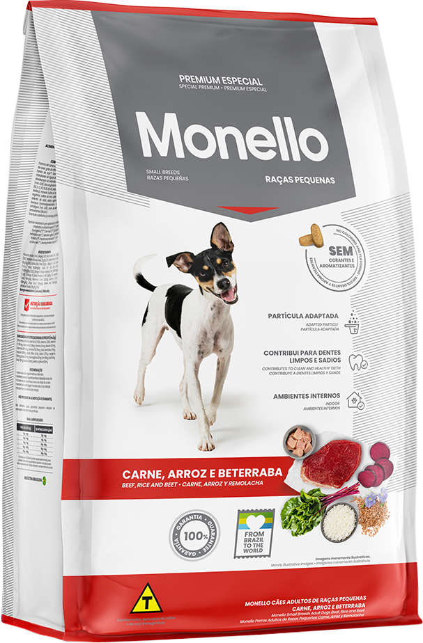 Ração Seca Monello Carne, Arroz e Beterraba para Cães Adultos Raças Pequenas - 10,1Kg